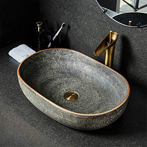 TIANHEY Lavabo da Appoggio in Ceramica retrò Lavabo in Ceramica Artistica Lavabo Ovale Lavabo per Bagno Domestico Lavabo Singolo Lavabo Decorativo in Stile Europeo, 60X40X15 Cm