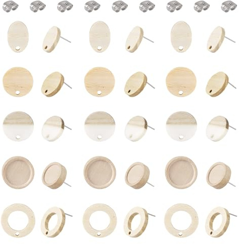 PandaHall Holz-Ohrstecker, oval, flach, rund, geometrische Ohrstecker, Holzohrstecker für baumelnde Ohrringe, Schmuckherstellung, 30 Stück