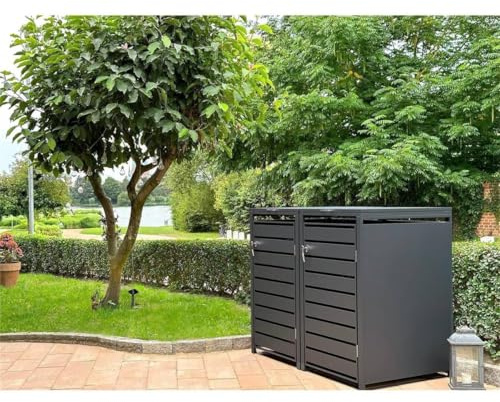 Metzler Mülltonnenbox in Anthrazit mit Sichtstreifen 2er 240L, Mülltonnenverkleidung 2 Tonnen, witterungsbeständiger und pulverbeschichteter Stahl mit Automatikdeckel, abschließbar, Garten- & Müllbox