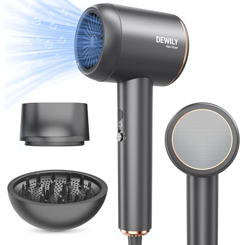 Föhn Ionen Haartrockner für locken-DEWILY Professioneller Fön Klein， 4 Temperatur-Einstellungen und 2 Geschwindigkeite, Anti Frizz, langlebiger Hair Dryer Haarföhn (Grau)