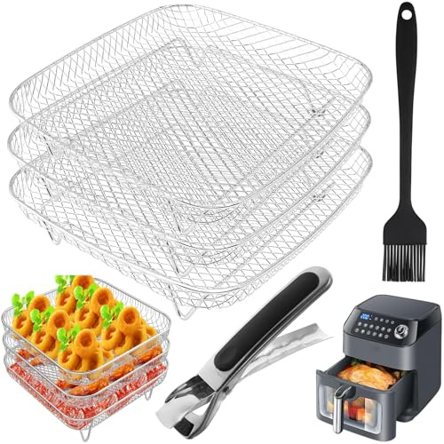 Air Fryer Accessories Stackable Rack Baskets Set of 3, Stainless Steel Square Baking Trays with Clip and Oil Brush for Instant Vortex, cosori Air Fryer, Ninja Foodi Grill, Multi-Layer Dehydrator Rack | Stainless Steel,Fits cosori Air, Ninja Foodi Grill,Dehydrator Rack,With Clip & Oil Brush