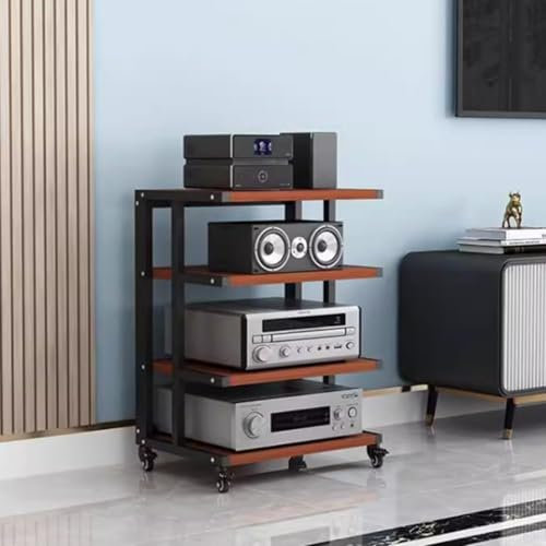 Brown 4 Tier Audio Stand Hifi Rack with Brake Wheel Corner AV Cabinet for Media Components Open Audio Tower for Stereo Equipment Modern Audio Video Component Cabinet