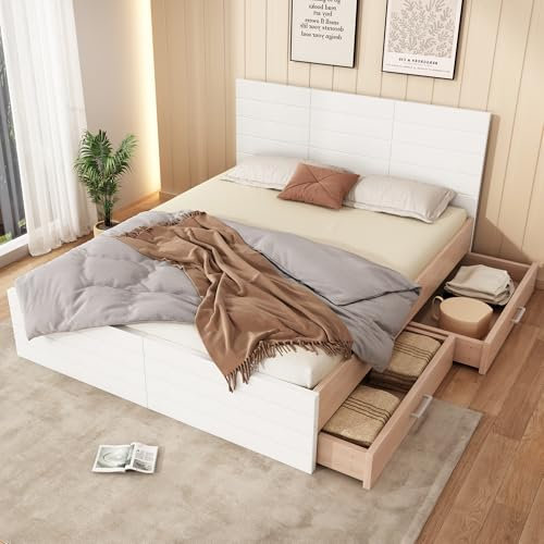 Lcoho Doppelbett Holzbett Bettanlage 180×200cm mit 2 Schubladen,Modernes Bett inkl. Bettgestell &Lattenrost-207×80×185cm (L×H×B) Set in Eiche/Weiß(Ohne Matratze)