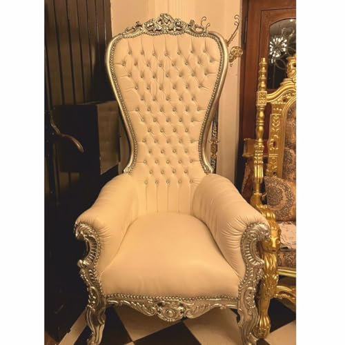 Casa Padrino Barock Thron Sessel mit Kunstleder und Glitzersteinen Weiß/Silber - Barock Möbel