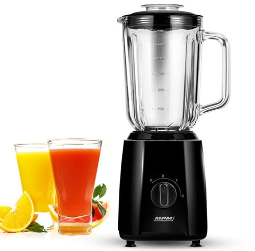 MPM Standmixer MBL-37 - Mixer Küche mit Glasbehälter 1,5L - Starker Mixer mit Edelstahlmessern 750W - Blender mit Eiszerkleinerungsfunktion - Zwei Geschwindigkeiten