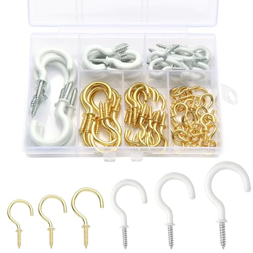 Tahbarshi 78 Stück Schraubhaken Schwarz Gold6 Größen Deckenhaken Set Haken Zum Schrauben,Weiß Silber Vinyl Beschichtet Cup Haken Set Hakenschrauben (Weiß+Gold)