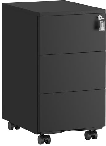 SONGMICS Schubladenschrank, Rollcontainer, mobiler Aktenschrank, Metallschrank, Druckertisch, abschließbar, 3 Schubladen, vormontiert, Büro, Homeoffice, 40 x 30 x 54 cm, Mattschwarz OFC079B01