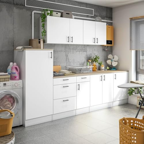 möbelando Küchenblock >KIRA< Waschküchenzeile mit 300 cm Breite, Weiß glänzend, Arbeitsplatte in Canadian Eiche, melaminbeschichtet, Flexible Module, höhenverstellbare Füße, zerlegt.