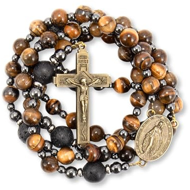 Nazareth Store Rosenkranz für Männer katholische Rosenkranzkette Tigerauge-Perlen robuster Rosenkranz mit Kreuz in tragbarer Geschenkbox