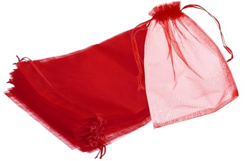 QUARKZMAN 25 Stück Organzasäckchen, 20x30cm Geschenksäckchen Durchsichtige Netzbeutel mit Kordelzug, Organzabeutel für Geschenk Schmuck Hochzeit Party Weihnachten Süßigkeiten, Rot