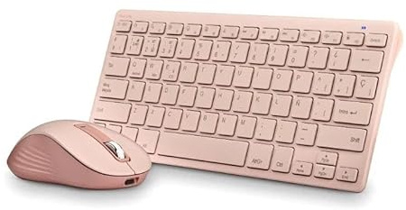 Teclado Compacto Silencioso y Ratón Silencioso 1600dpi, 5 Botones, Conexión 2.4GHz, BT1 y BT2, Color Rosa - Ideal para Trabajar y Gaming.