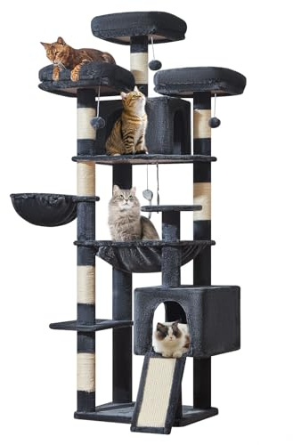 Taoqimiao 193cm Kratzbaum XXL, Großer Katzenbaum Für Große Katzen, MS047G | 3 Große Plattform, Katzenkratztafel, Mehrstöckig, Einfache Montage, 2 Katzenhaus, 7 Kratzsäulen, Hängematte, Korb, Rauchgrau