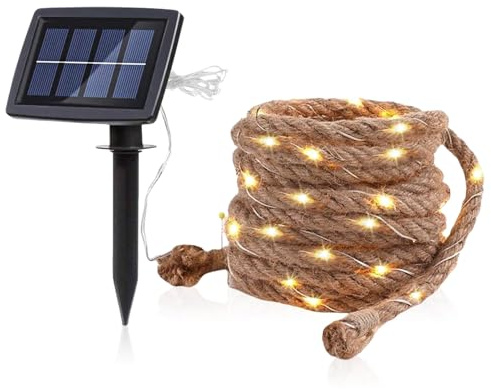 Solar Lichterkette 7M mit 100 LEDs, Garten Hanfseil, Wasserdicht IP67, Warmweiß