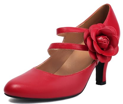 graceretro dam Mary Jane stängning runt tåparti 1930-talet vintage 1950-talet klackar blomma dubbla remmar retro 1920-talet viktorianska pumps skor, röd, 37 EU