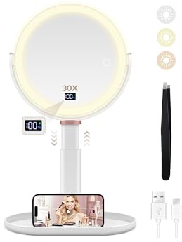 B Beauty Planet Magnifying Mirror with Light 30X/1X, Height Adjustable Makeup Mirror with Digital Display, Detachable for Travel, Bathroom Vanity Mirrors with Cell Phone Holders and Tweezers (White)