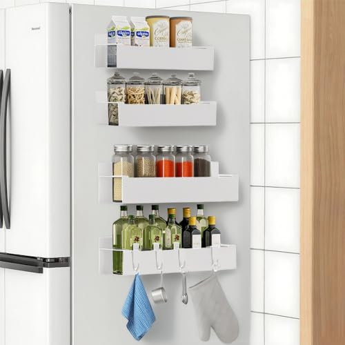 devesanter Magnetisches Gewürzregal für Kühlschrank,4 Stück Gewürzregal-Organizer,magnetisches Regal,Kühlschrank-Organizer mit 4 Haken für Kühlschrank,Mikrowelle, Waschmaschine, weiß