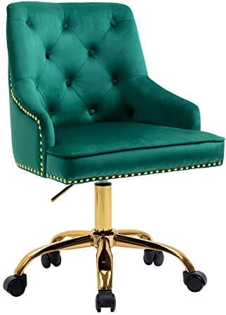 Fiximaster Sedia da ufficio in velluto, sedia da scrivania girevole con ruote, altezza regolabile con gambe dorate, moderna per ufficio, camera da letto o toletta, portata fino a 135 kg (Verde)
