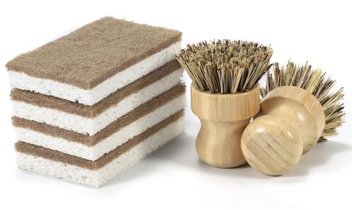 VALENTISE 6 Pack Bamboo Dish Brush Set - 2pcs Palm Dish Scrubber and 4 Pieces Natural Kitchen Sponge for Dishes, Pots and Vegetables