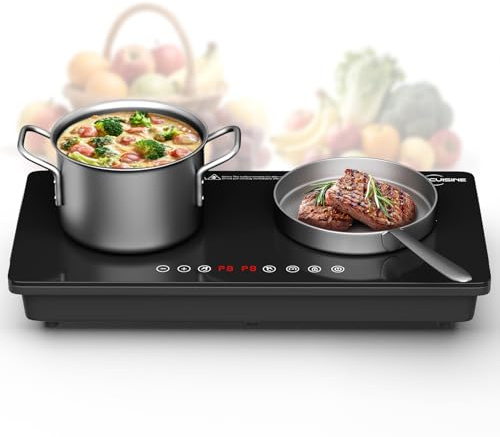 VoltCuisine 1800W Double Induction Burner, Minimal Cross-Pattern Panel, 2×900W Cooking Zones, Touch Control, 8 Power Levels, 1–99 min Timer, Durable Ceramic Glass for Magnetic Pots