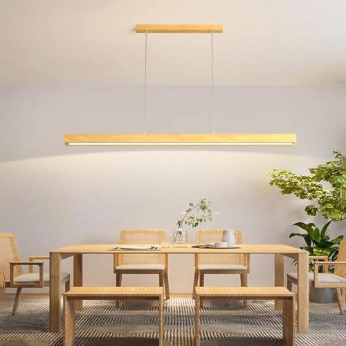 Yuelux Moderne LED Pendelleuchte im Linear-Design, Hängeleuchte aus Holz, Höhenverstellbar und per Fernbedienung Dimmbar, für über den Esstisch, in die Küche oder ins Wohnzimmer (Naturholz, 100cm)