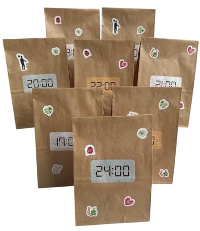Countdown Bags New Year's Eve Children; 8 Paper Bags with 2 Sticker Sheets (Numbers & Decoration); Flyer with 50 Filling Ideas - Plan New Year's Eve Games; Free Craft & Colouring Templates for DIY