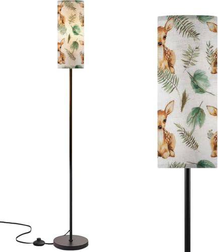 Modern Standing Lamps Seamless watercolor deers baby deers fern leaves hand painted white Floor Lamp Metal Pole Lamp with Linen Lampshade for Bedroom Living Room Office Nursery Reading Foot Switch