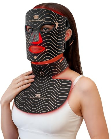 INIA GLOW Masque LED Visage & Cou, Lumière Rouge, Jaune & Bleue, 4 Modes | Couverture complète visage & cou, Batterie rechargeable, Minuterie 10 à 30 min, Arrêt automatique, Routine soins à domicile