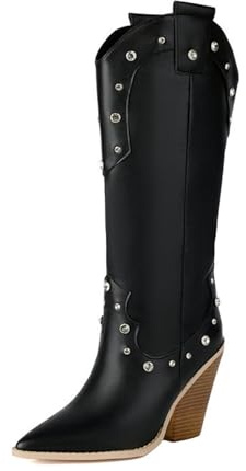 KKdhsfy Stivali da Cowboy Western Neri da Donna, Borchiati, a metà Polpaccio, con Punta Affusolata,Nero,46 EU