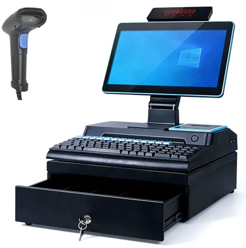 HNBYLMM 14-Zoll-All-in-One-Kassensystem, POS-Kasse mit Touchscreen, Verstellbarer Winkel, Eingebaut 58-mm-Drucker, 4 GB RAM, 64 GB SSD, Smarte Kasse für Kleine Unternehmen und Restaurants Blue
