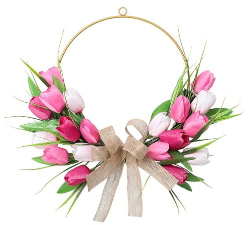 Frühlingskranz, Künstliche Tulpenkränze, Frühling Simulation Kranz, Künstliche Blumenkranz Mit Metallring, für Ostern, Zuhause, Hochzeitsdekoration (40 cm,Rosa)