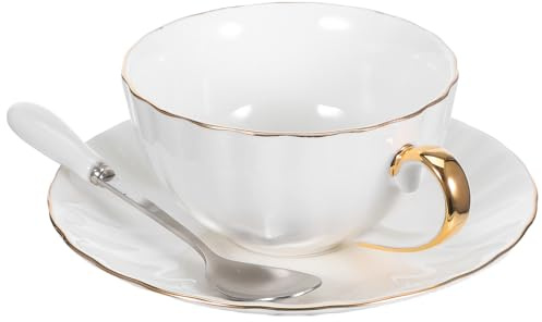 MUCKLILY Service à Café en Porcelaine Fine Mug Porcelaine Fine Blanc Décoré Or Blanc, Capacité 220ml, Équipé D'une Soucoupe, Maison ou Salon de Dessert