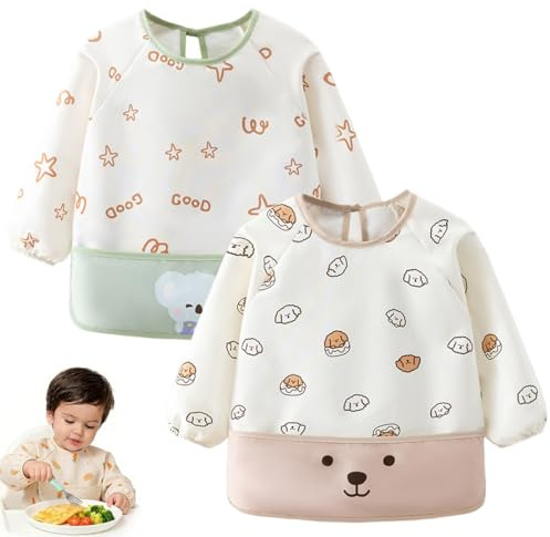 ZCAYJR 2PCS Bavoirs Manches Longues Bébé,Tablier Enfant, Tablier Imperméable pour Enfants 0 à 2 Ans pour Manger Jouer