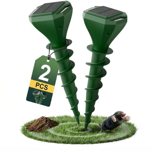 Maulwurf Vertreiber Wühlmausschreck mit KI Wechselfrequenz Automatik Ultraschall & Vibrations Maulwurfschreck Solar Abwehr wasserdicht und flüsterleise ür Garten und Rasen (2er Pack)