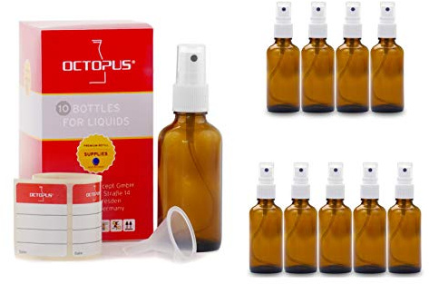 Octopus 10 botellas de vidrio tintado de 50 ml con vaporizador, mini embudo + etiquetas, frascos pulverizadores con protección contra la radiación UV