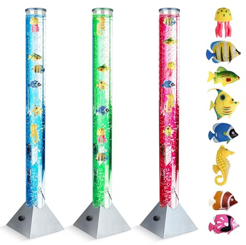 The Glowhouse 100cm Colour Changing Sensory Bubble Lamp with 8 Floating Fish – LED Bubble Tube Floor Lamp for Sensory Rooms, Kids Bedrooms, Autism Calm Corners & Relaxing Mood Lighting – Silver