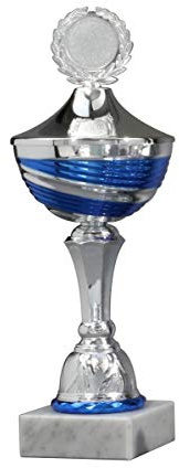 Henecka Pokal Serie Nikita, Silber-blau, mit Wunschgravur und auswählbarem Sport-Emblem, Größe 29 cm