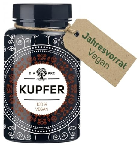 DiaPro® Kupfer 2mg hochdosiert – Kupfer-Gluconat für normale Haarpigmentierung & Bindegewebe | 365 vegane Tabletten (Jahresvorrat) Made in Germany