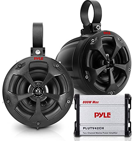 Pyle Waterproof Off-Road Speakers with Amplifier - 4 Inch 800W 2-Channel Marine Grade Waketower Speakers System Full Range Outdoor Audio Stereo Speaker for ATV, UTV, Quad, Jeep, Boat PLUTV42CH