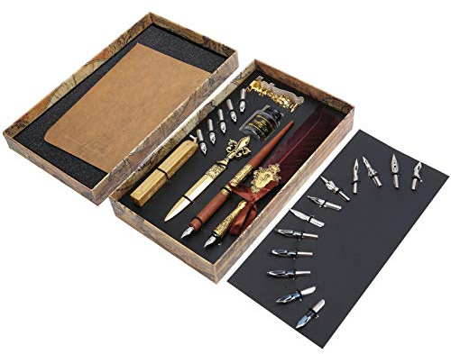 DAUERHAFT Federstift Set, Antiker Kalligraphiestift Handgefertigter Federkiel Stift Satz Schreibfeder Dip Stift mit 5 Ersatzspitzen, Vintage Art Craft Collection(leere Tintenflasche)