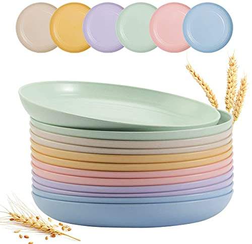 12 PACK 9 Inch Lightweight Wheat Straw Plates, Unbreakable Deep Kids Pates, Plastic Plates Reusable, Dinnerware Sets Gifts, Microwave & Dishwasher Safe, Camping Kitchen Party Use, BPA Free,6 Colors