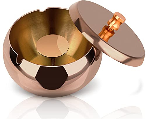 OHFLY Outdoor Ashtray with Lid, Stainless Steel Home Ash Tray Set for Cigarettes, Cool Ashtray for Outside and Indoor Use, Large - Rose Gold