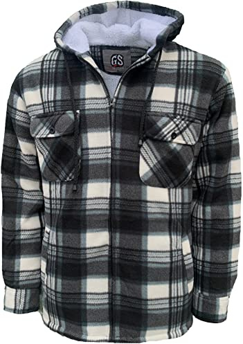 G Street Mens Padded Shirts Lumberjack Collared Hooded Flannel Check Jacket Thick Quilted Work Wear Warm Thermal Fleece Fur Lined Top Casual Coat (White New, X-Large)