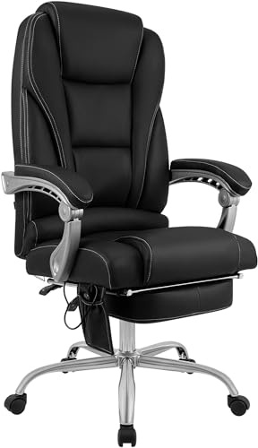 CLP Bürostuhl ergonomisch Pacific mit Echtleder-Akzenten und Massagefunktion, höhenverstellbarer Drehstuhl mit Armlehnen, 150kg belastbar Farbe schwarz