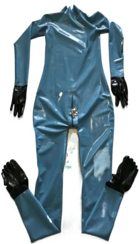 Latex Catsuit Gloves Toes Socks with Lockable Crotch Zipper,Yellow,S