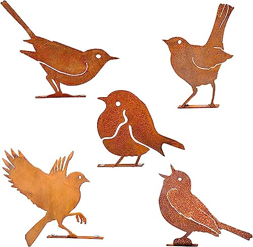 Reagia 5PCS Garten Deko Rostiges Vögel, Gartenstecker Rost Deko Vogel mit Schraube zum Rostdeko Garten Eindrehen in Holz, Edelrost Gartendeko Vintage, Metall Vögel Gartendeko