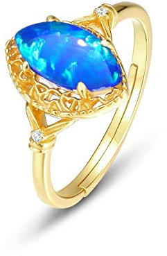 HGJH Bague en Argent 925,Bagues Réglables en Forme De Marquise pour Femme Losange Bleu Opale Gravure en Argent Sterling 925 Zircon Plaqué Or Bague À 7 Chakras Bague De Promesse pour Filles Dames