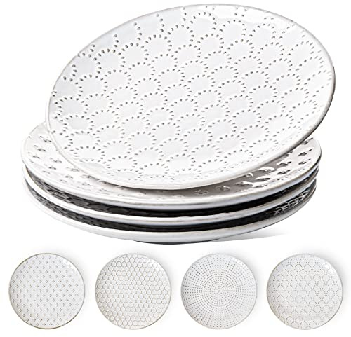 LE TAUCI Ceramic Salad Plates Set of 4, 8 Inch Embossed Dessert Plates for Appetizer and Small Dinner, Modern White Ceramic Plates for Kitchen, Microwave and Dishwasher Safe - Arctic White