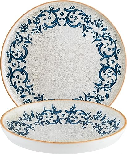Lot de 6 assiettes à petit-déjeuner, assiettes à pain, assiettes à dessert, petites assiettes plates, 22 cm, vaisselle ronde en porcelaine, blanc, bleu, marron, Bonna Viento Hygge méditerranéen