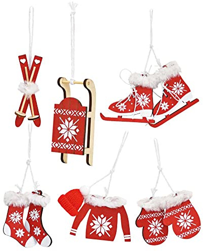 Weihnachtsanhänger Set 6 TLG | Holz Weihnachtsbaumanhänger Ski Schlitten Schlittschuhe Handschuhe | Holz-Hänger Deko (rot)