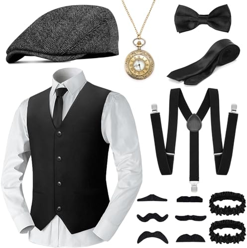 WEARXI 20er Jahre Kostüm Herren, Karneval Kostüm karnevalskostüm Herren mit Weste Hosenträger Hut Krawatte Taschenuhr Kunstbart, Mafia 20er Jahre Accessoires Fasching Anzug Kleidung für Partys